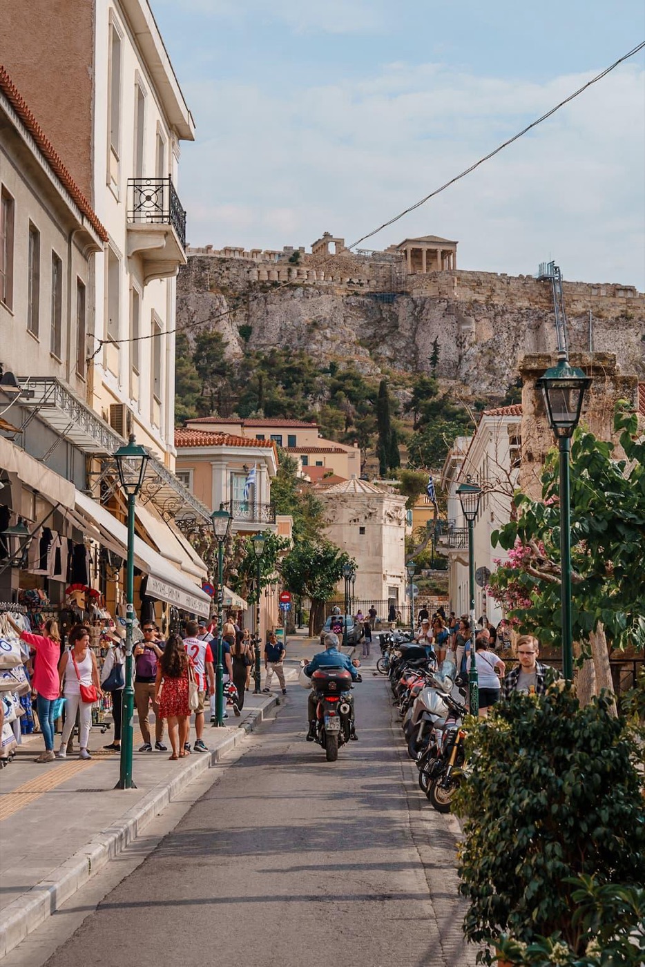 A street in central Athens looking up towards the Acropolis